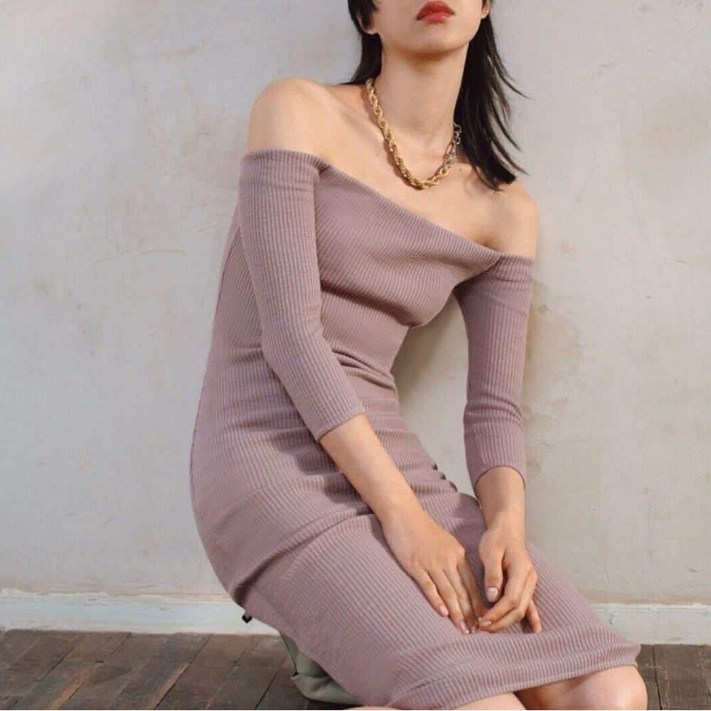 Zara Mauve Ribbed Off-Shoulder Maxi Dress